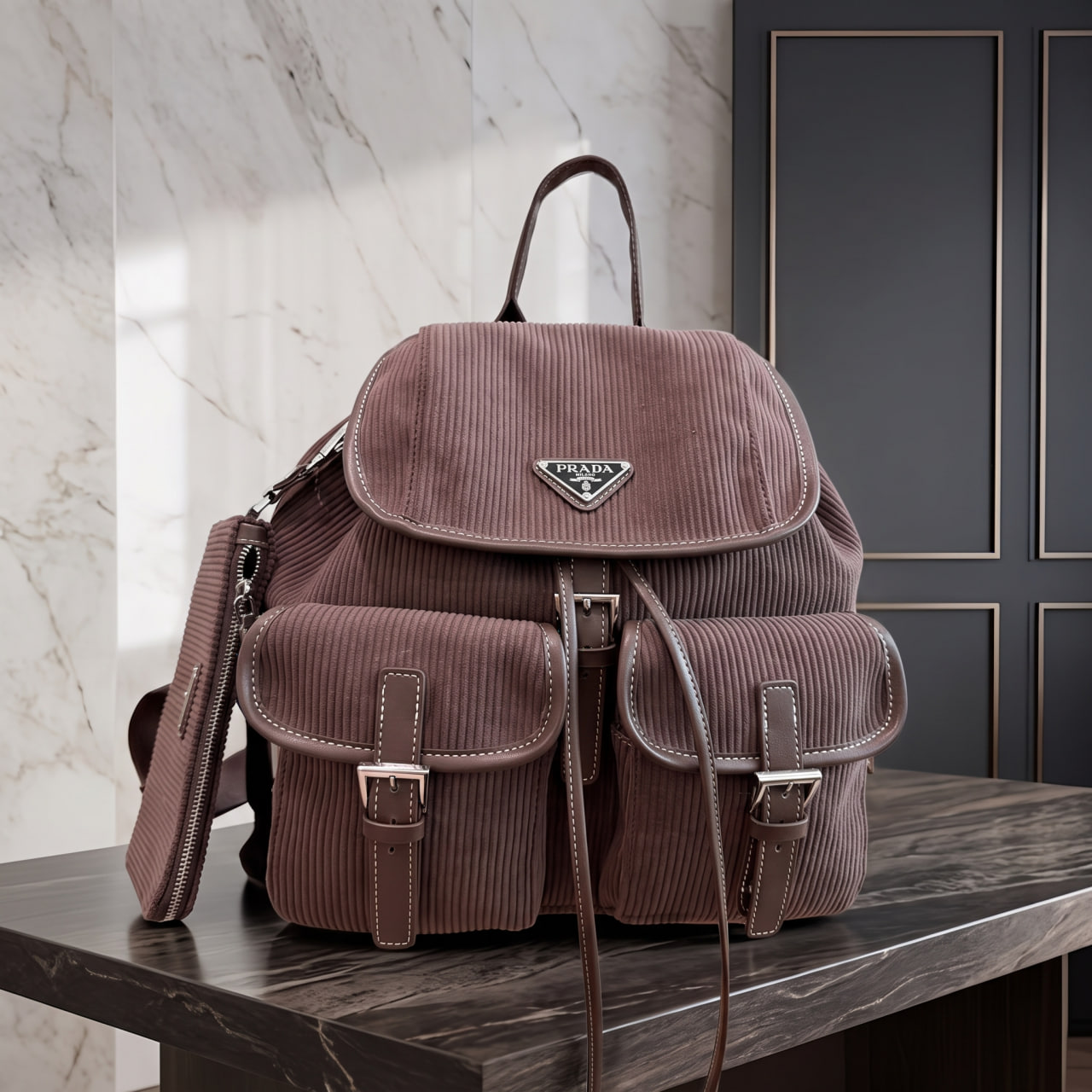 Medium Corduroy and Leather Backpack