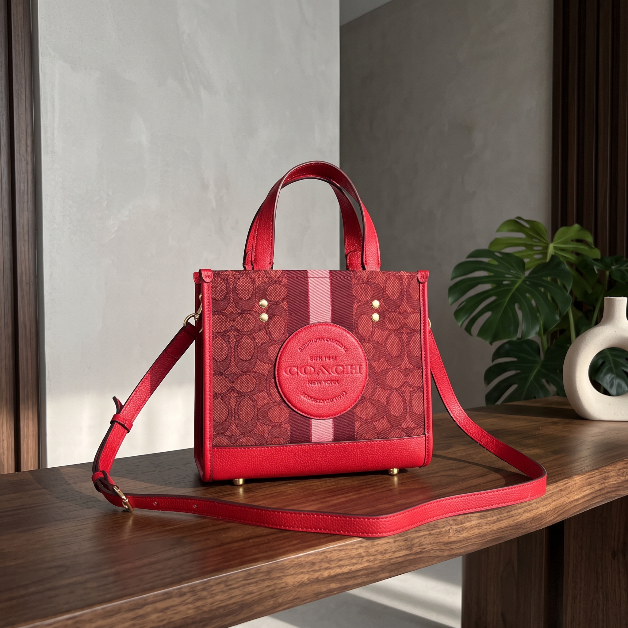 Tas Tote Dempsey 22 berbahan Jacquard Signature dengan garis tengah dan patch Coach